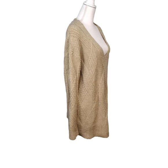 Cable Stitch Tan Deep V-Neck Long Sleeve Sweater L - Picture 2 of 5